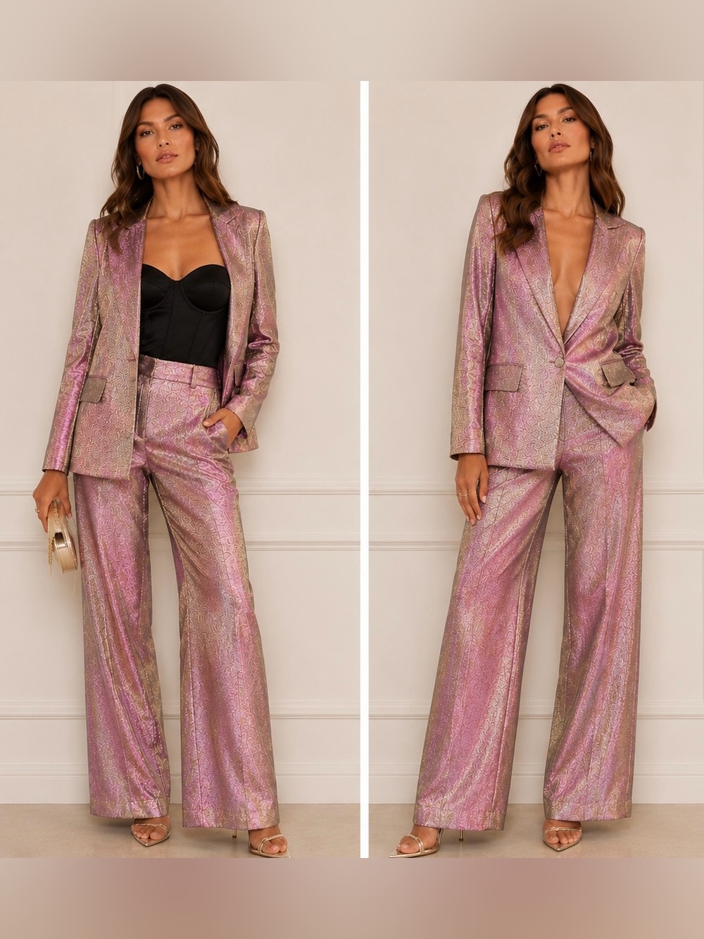 New! Amanda Uprichard Pink + Purple Haze Iridescent Blazer Wide Leg Pant Set💞XS